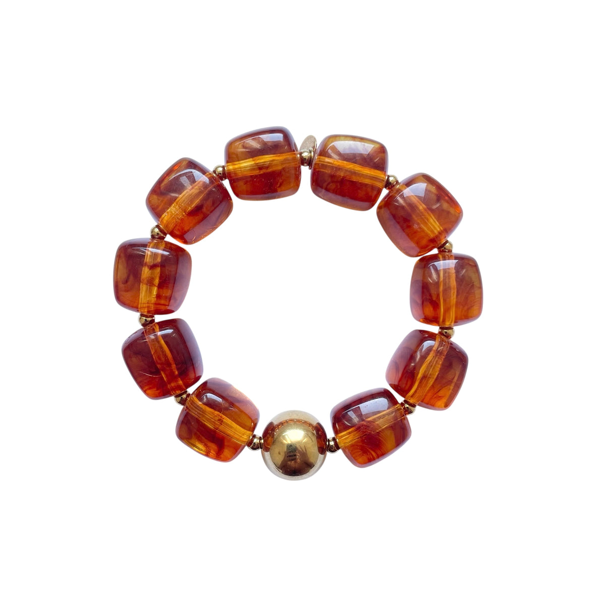 Bracelet résine perles carrées marron translucide avec perle dorée en acier inoxydable, bijou tendance femme, ajustable et résistant à l’eau