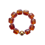 Bracelet résine perles carrées marron translucide avec perle dorée en acier inoxydable, bijou tendance femme, ajustable et résistant à l’eau