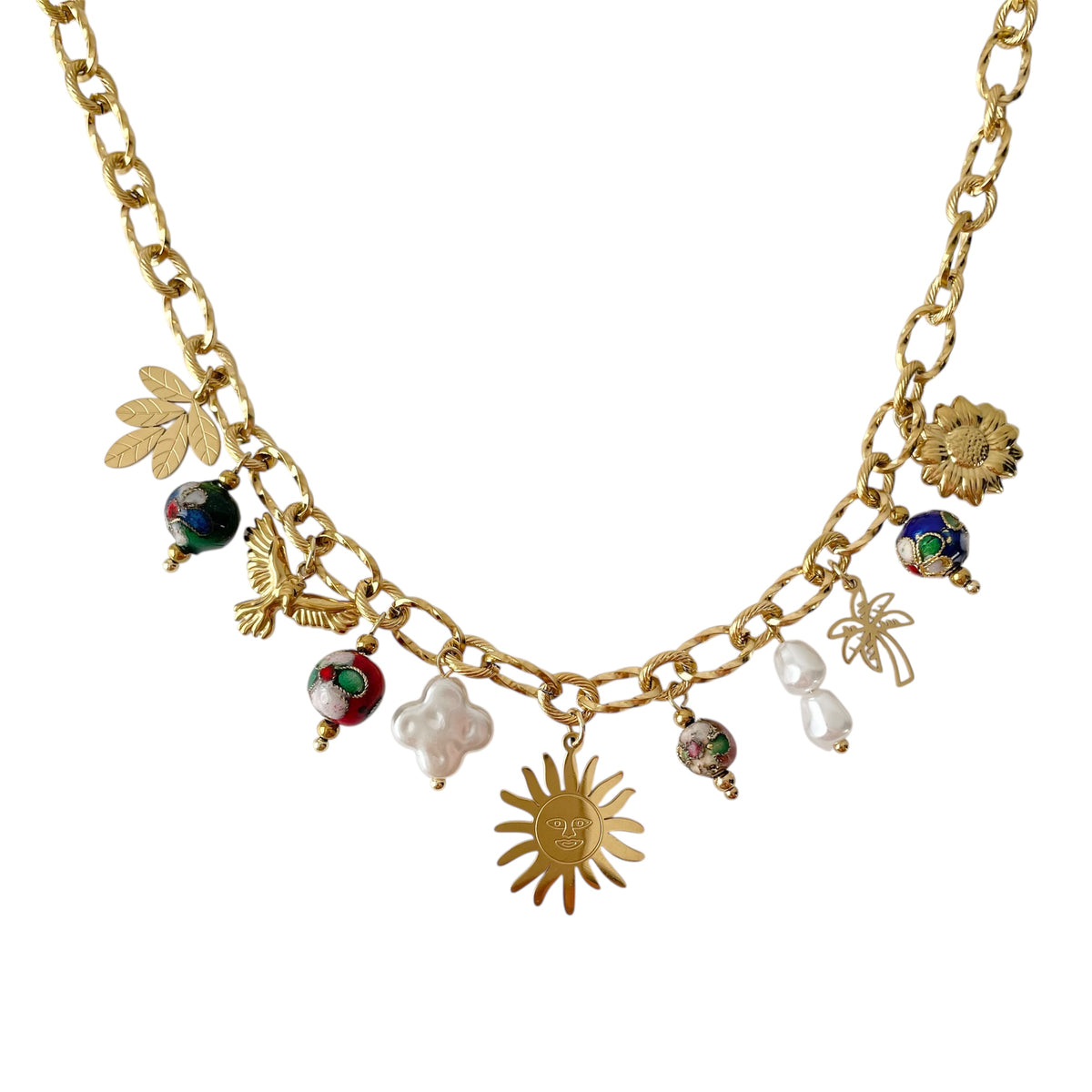 Collier avec breloques soleil doré pour femme en acier inoxydable style bohème chic