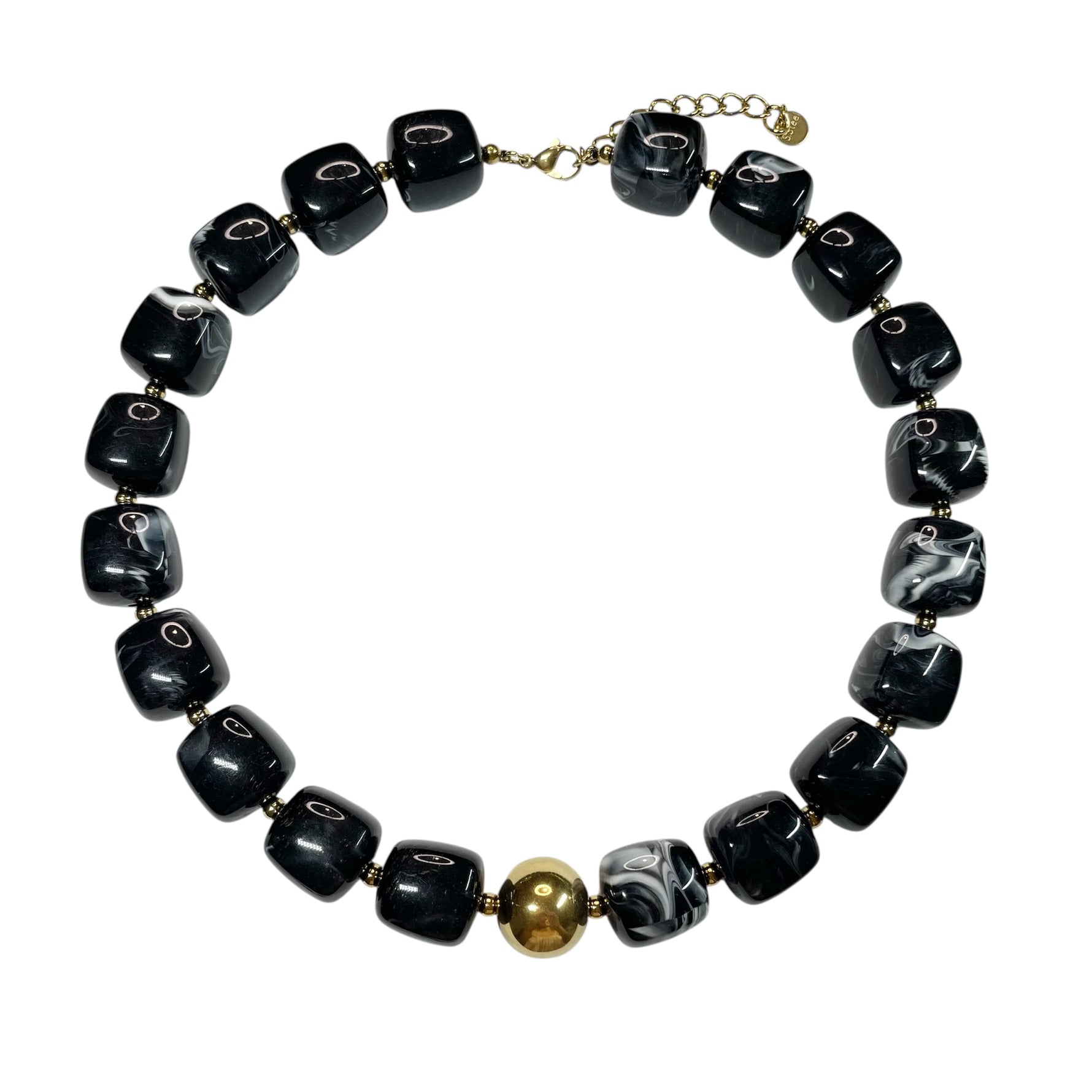 Collier perles carrées en résine noire avec perle doré en acier inoxydable doré, bijou tendance femme et résistant à l’eau