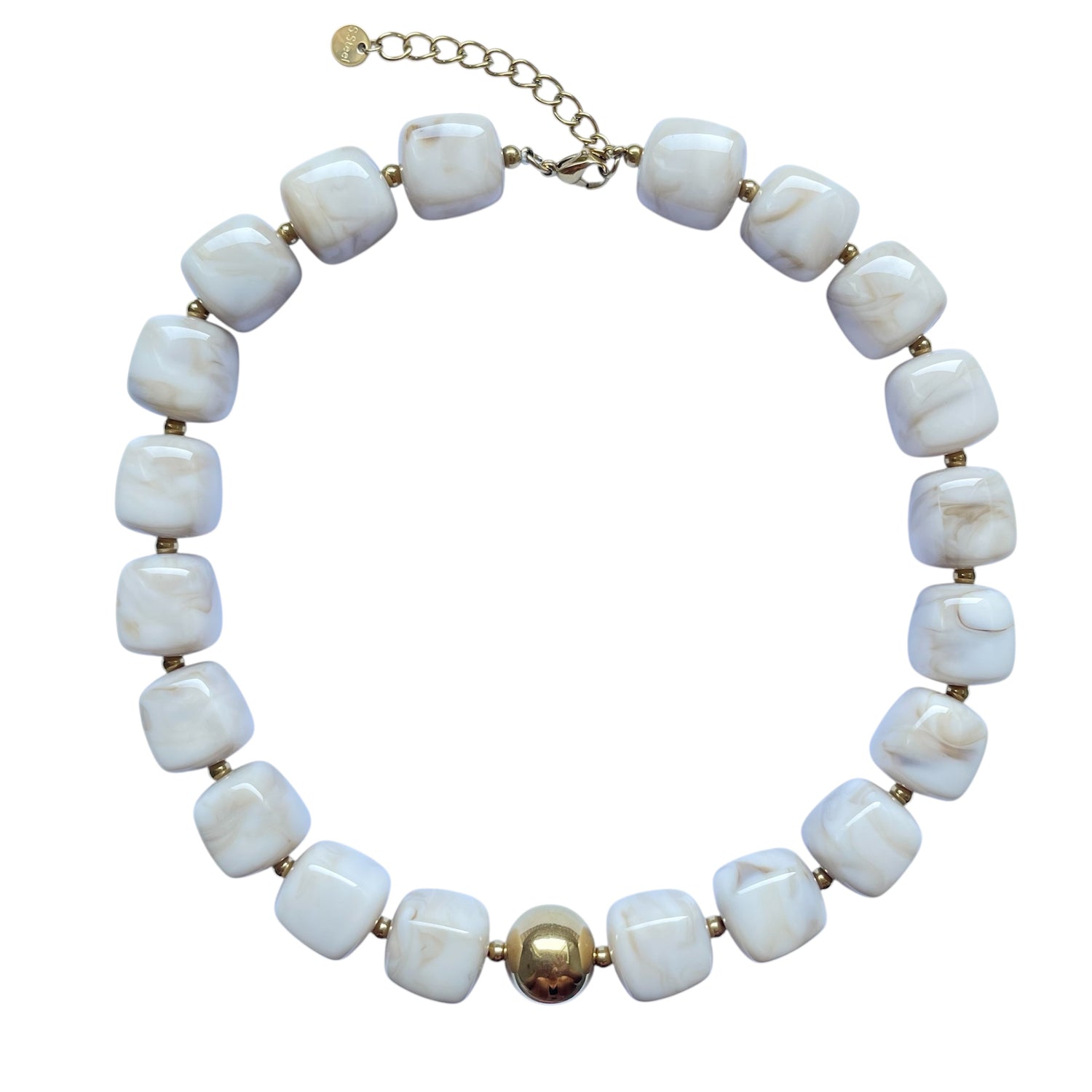 Collier en résine blanche effet marbre avec perles dorées en acier inoxydable, réglable, résistant à l’eau, longueur 41 cm + 5 cm.
